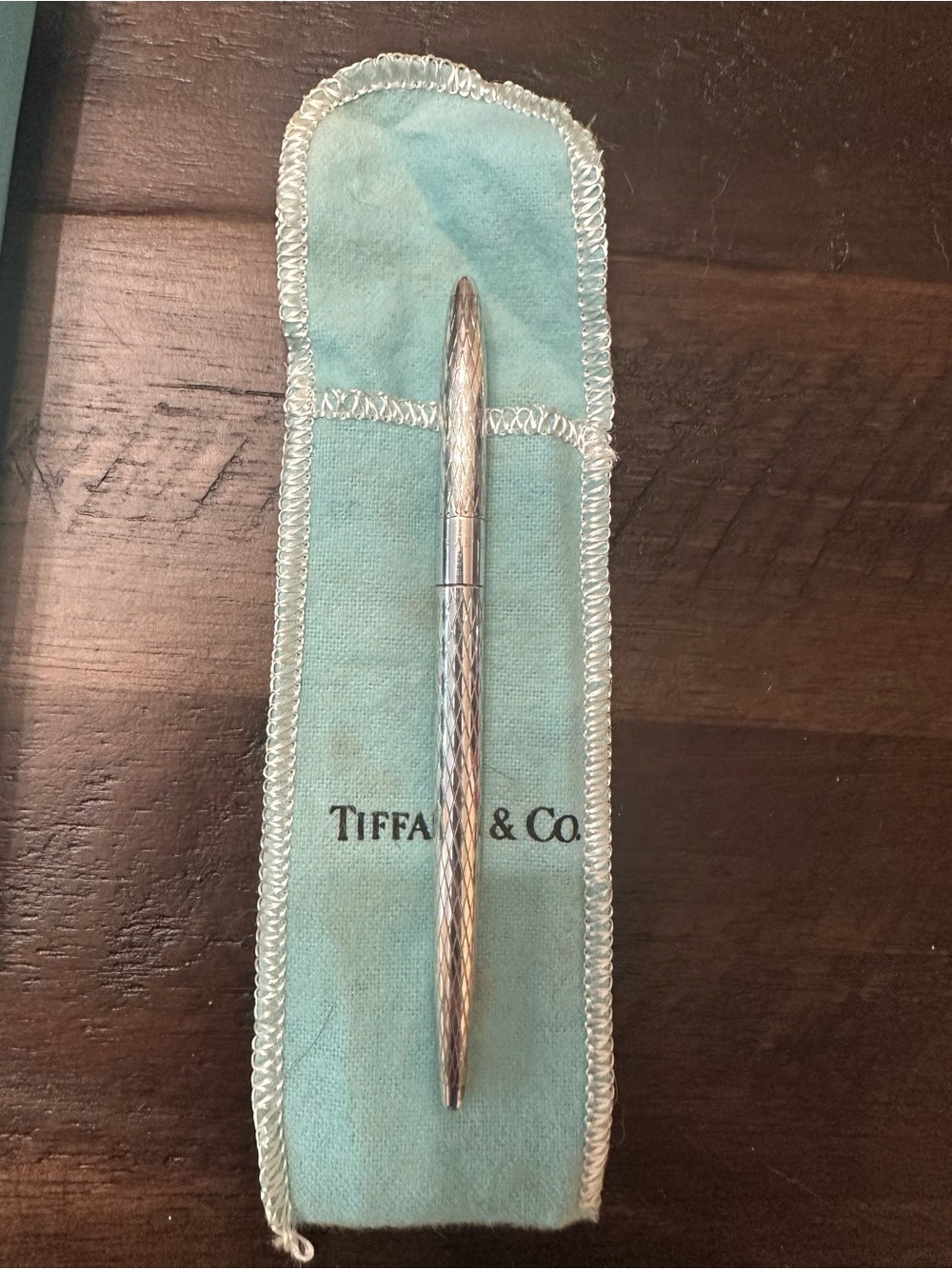 Tiffany & Co. Silver Textured Ballpoint Pen with Tiffany Blue Pouch and Box